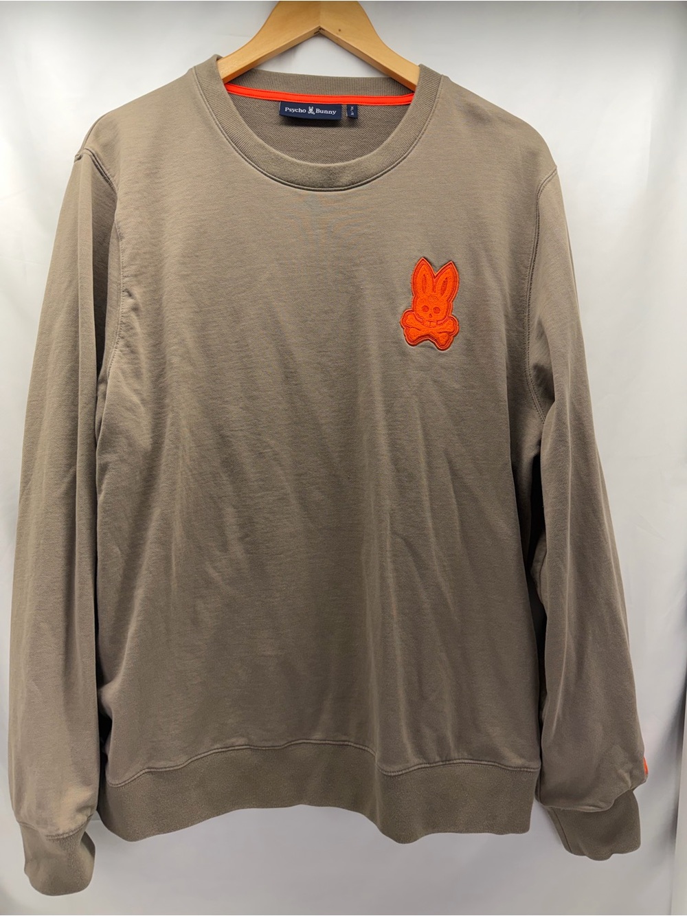 Psycho Bunny Men's Taupe Crewneck with Orange Bunny Patch